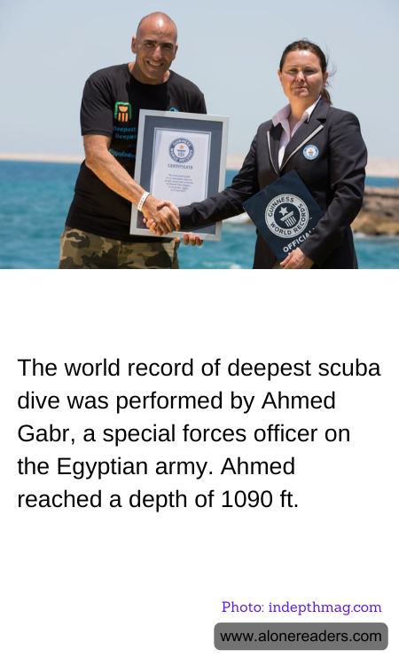 The world record of deepest scuba dive was performed by Ahmed Gabr, a special forces officer on the Egyptian army. Ahmed reached a depth of 1090 ft.
